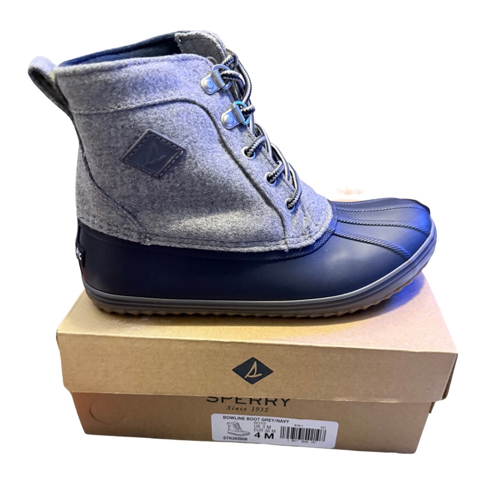 BRAND NEW kids Sperry Navy and Gray Duck Boots